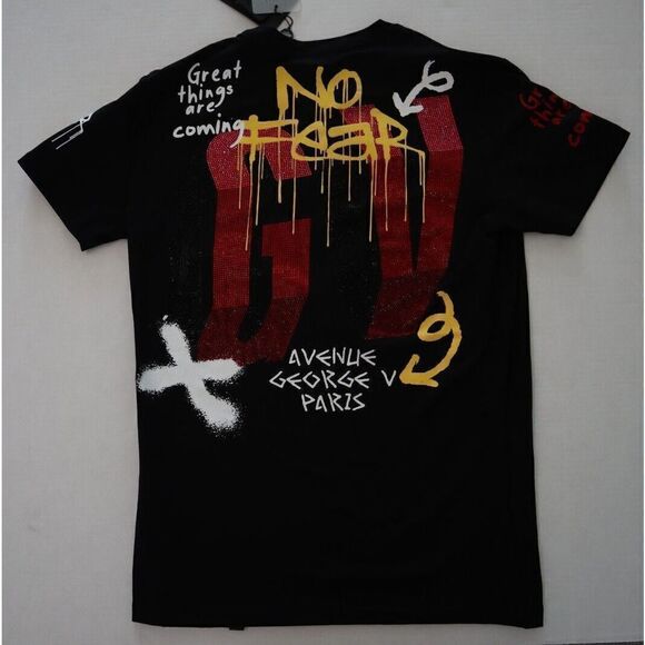 Avenue George V Paris GV2399 Men Sz S Black No Fear Rhinestone Logo T-Shirt $100 - Picture 2 of 10